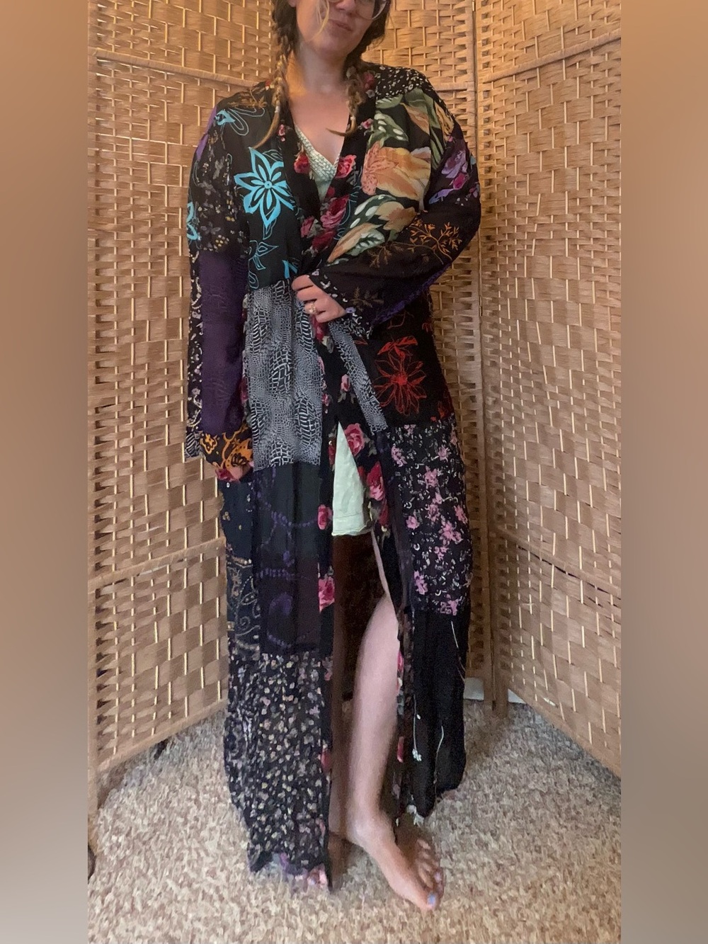 Bohemian Black Floral Patchwork Long Cover Up